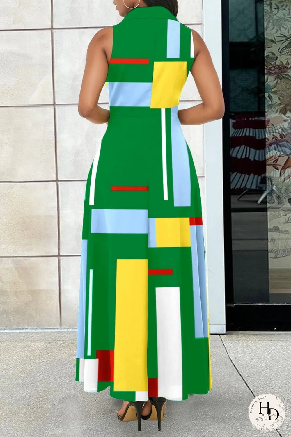 Red Casual Print Patchwork Turndown Collar Long Dress Dresses