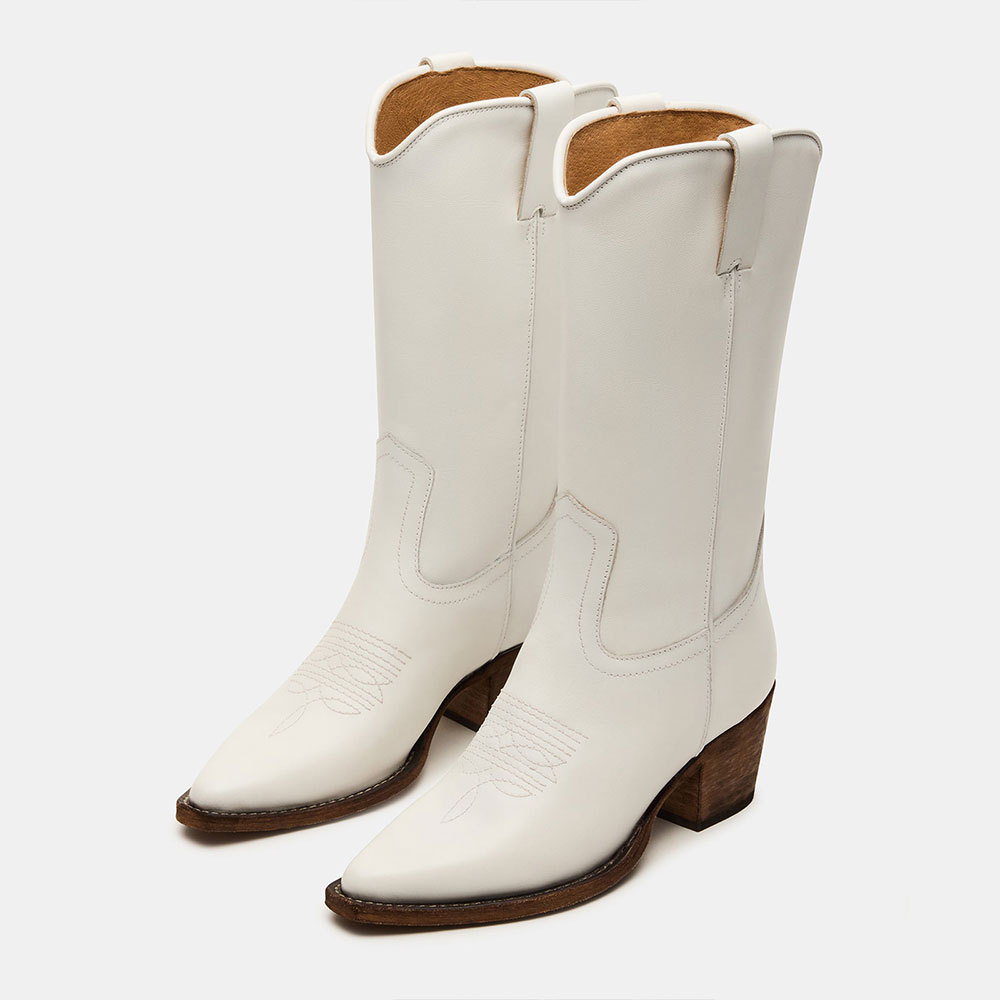 Block Heel Pointed Toe Embroidered White Cowboy Boots for Women Nicepairs