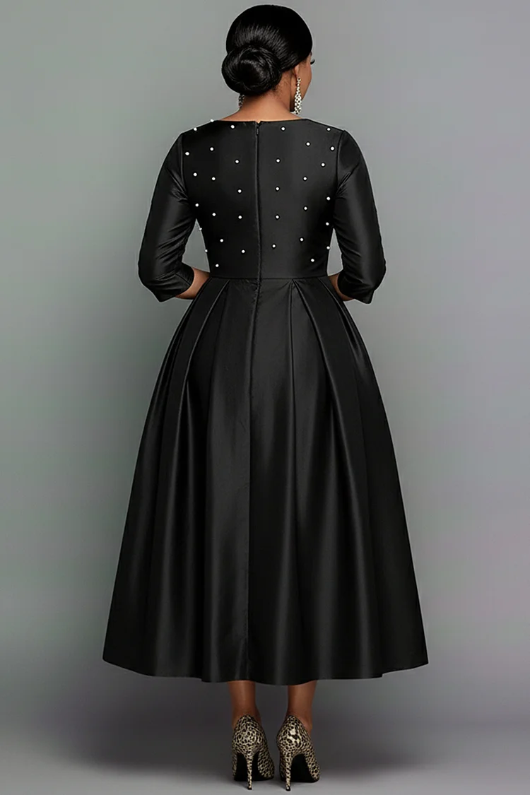 Xpluswear Design Plus Size Formal Black Round Neck Long Sleeve Pearls Elegant Pocket Satin Midi Dresses [Pre-Order]