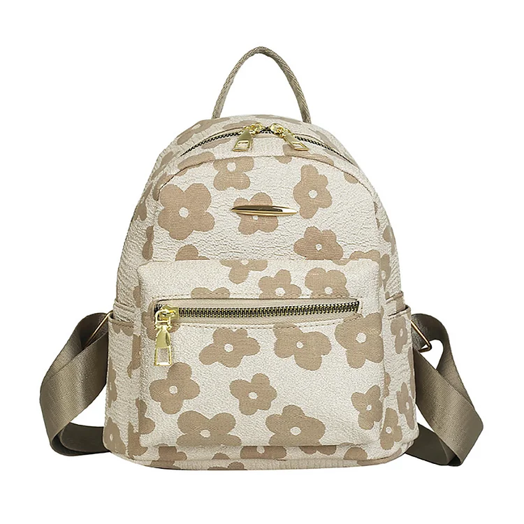Flower Print Pure Backpack for Girl Soft Canvas Portable School Bag (Khaki)