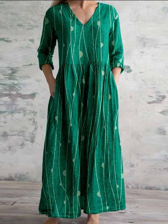 Women's 3/4 Sleeve V-neck Floral Printed Midi Dress