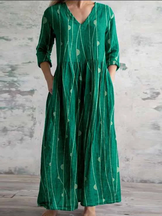 Women's 3/4 Sleeve V-neck Floral Printed Midi Dress