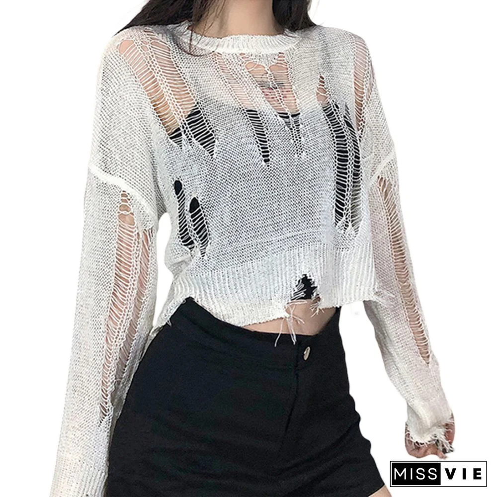 Gothic Crop Tops For Women Aesthetic Hollow Out Long Sleeve T Shirt Y2k Punk Style Knitted Crochet Tee Streetwear