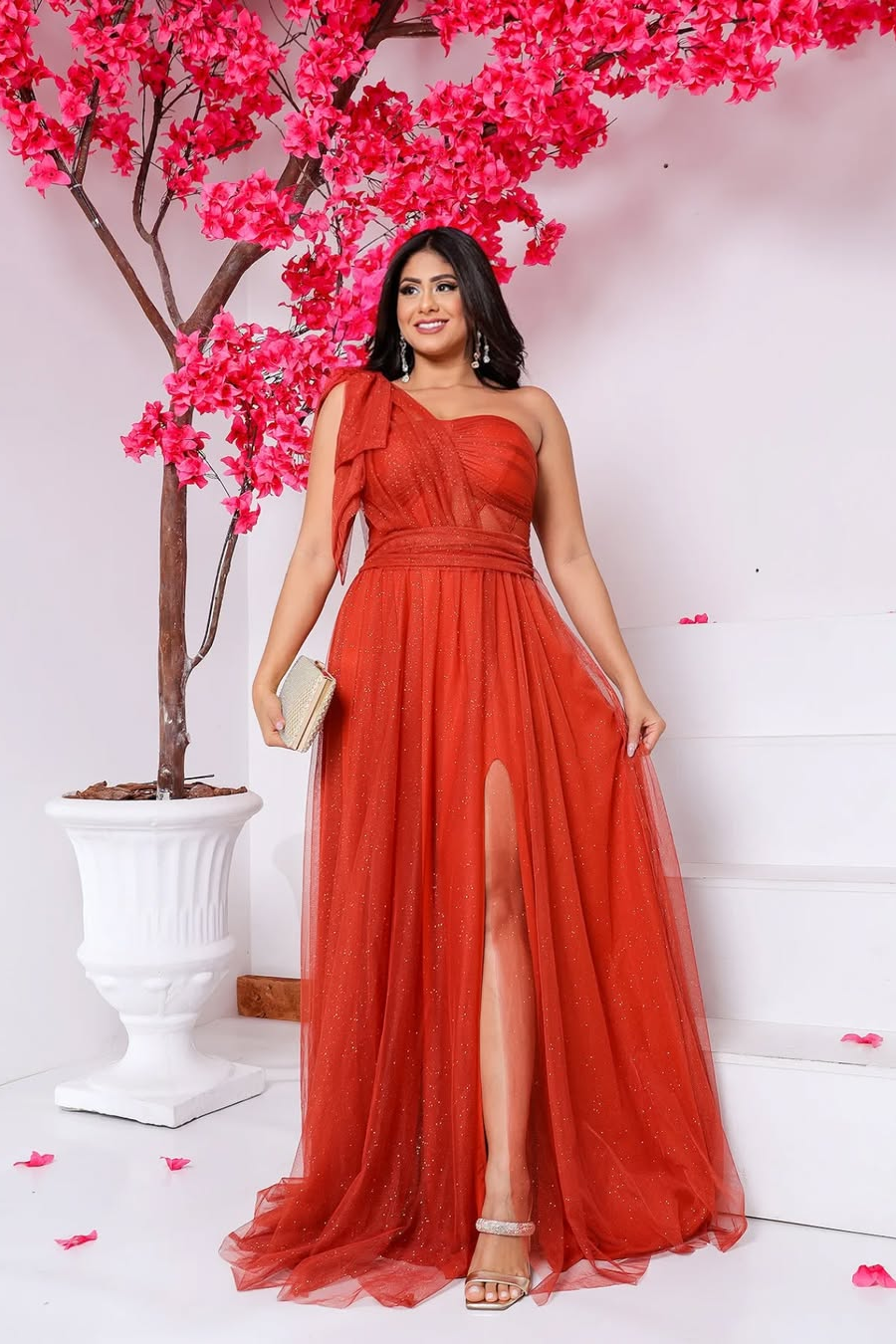 Miabel Glamorous Bright Orange Sleeveless One Shoulder Long Pleated Prom Dress with Split 