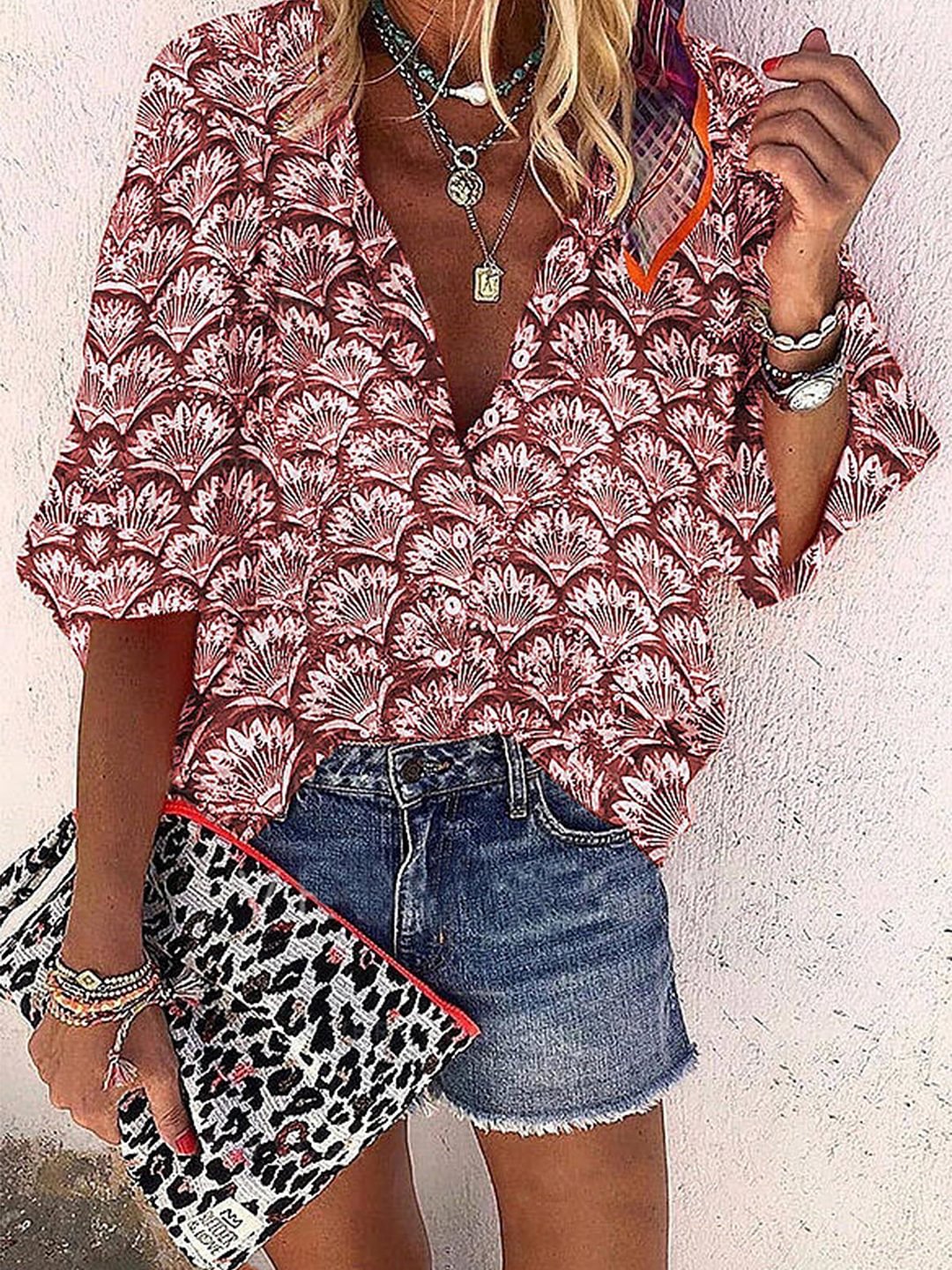 Women Boho Floral Half Sleeve V Neck Casual Blouses