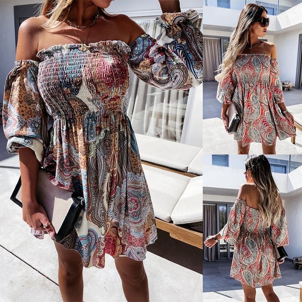 Summer Off Shoulder Bohemian Beach Dress Boho Print Backless Women Casual Dress - Shop Trendy Women's Clothing | LoverChic