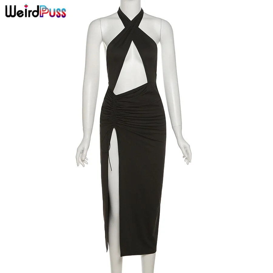 Weird Puss Halter Women Sundress Stacked Drawstring Hollow Split Skinny Maxi Dresses Backless Sexy Party Trend Elastic Bodycon