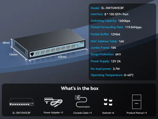 SODOLA 8 Port 10G L3 Managed Switch, 8X10G SFP+ Interface, Link