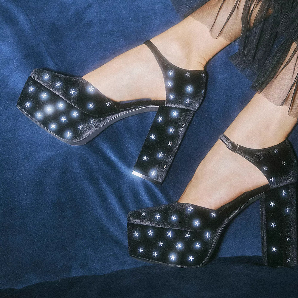 Black Star Embellished Square Toe Chunky Heel Platform Pumps for Women Nicepairs