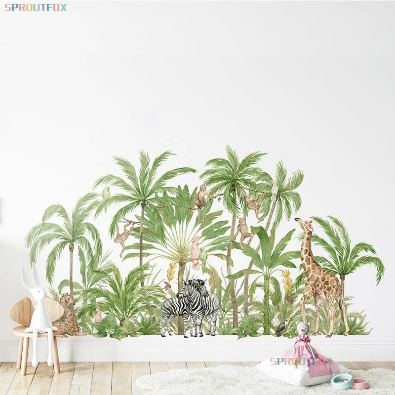 Large Animal Giraffe Zebra Monkey Wall Stickers for Kids Rooms Forest Animal Palm Tree Home Decals Nursery Wallpaper Decoration