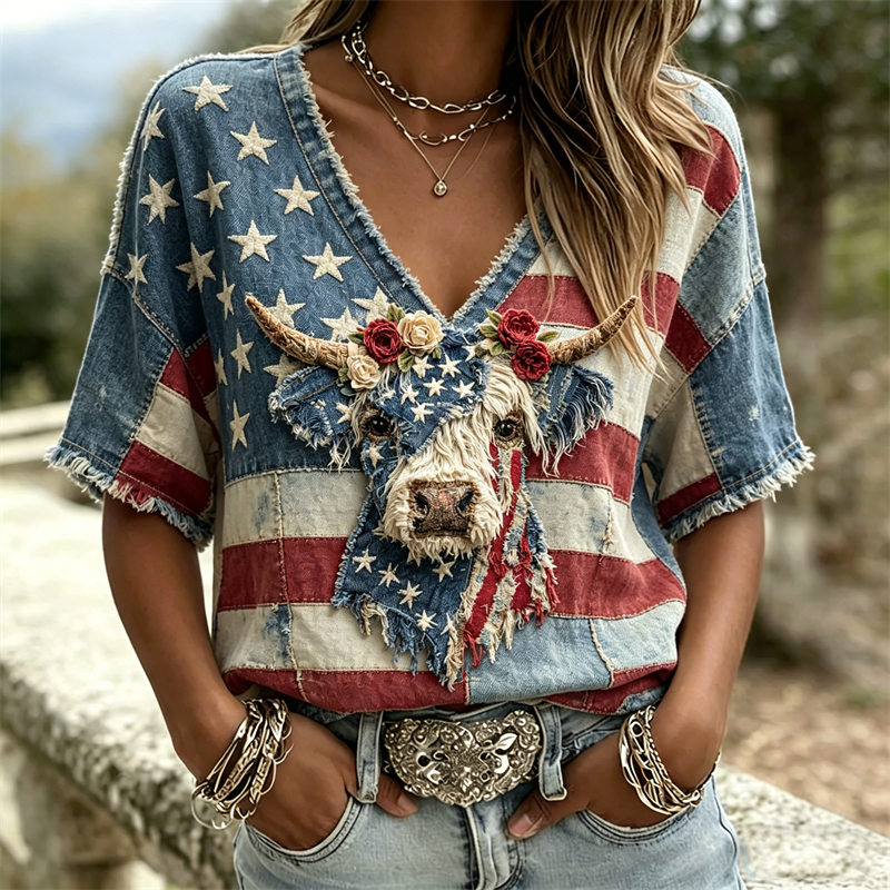  Vintage Floral Highland Cow American Flag Washed Linen Tunic Westsshops