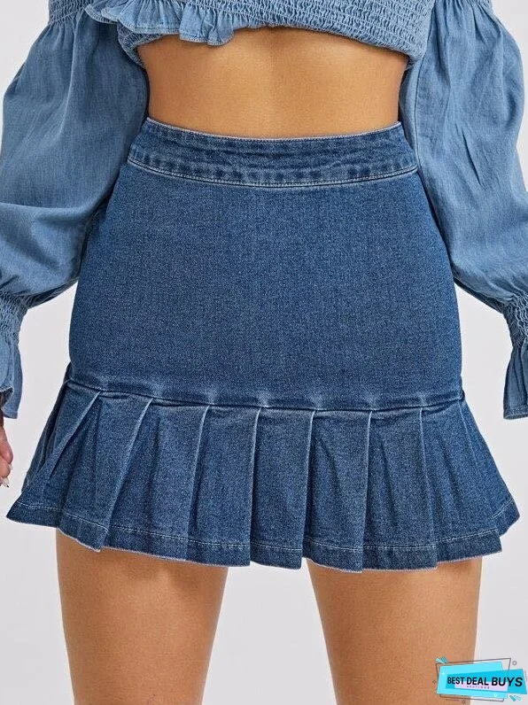 Zip Back Pleated Ruffle Hem Denim Skirt for Women
