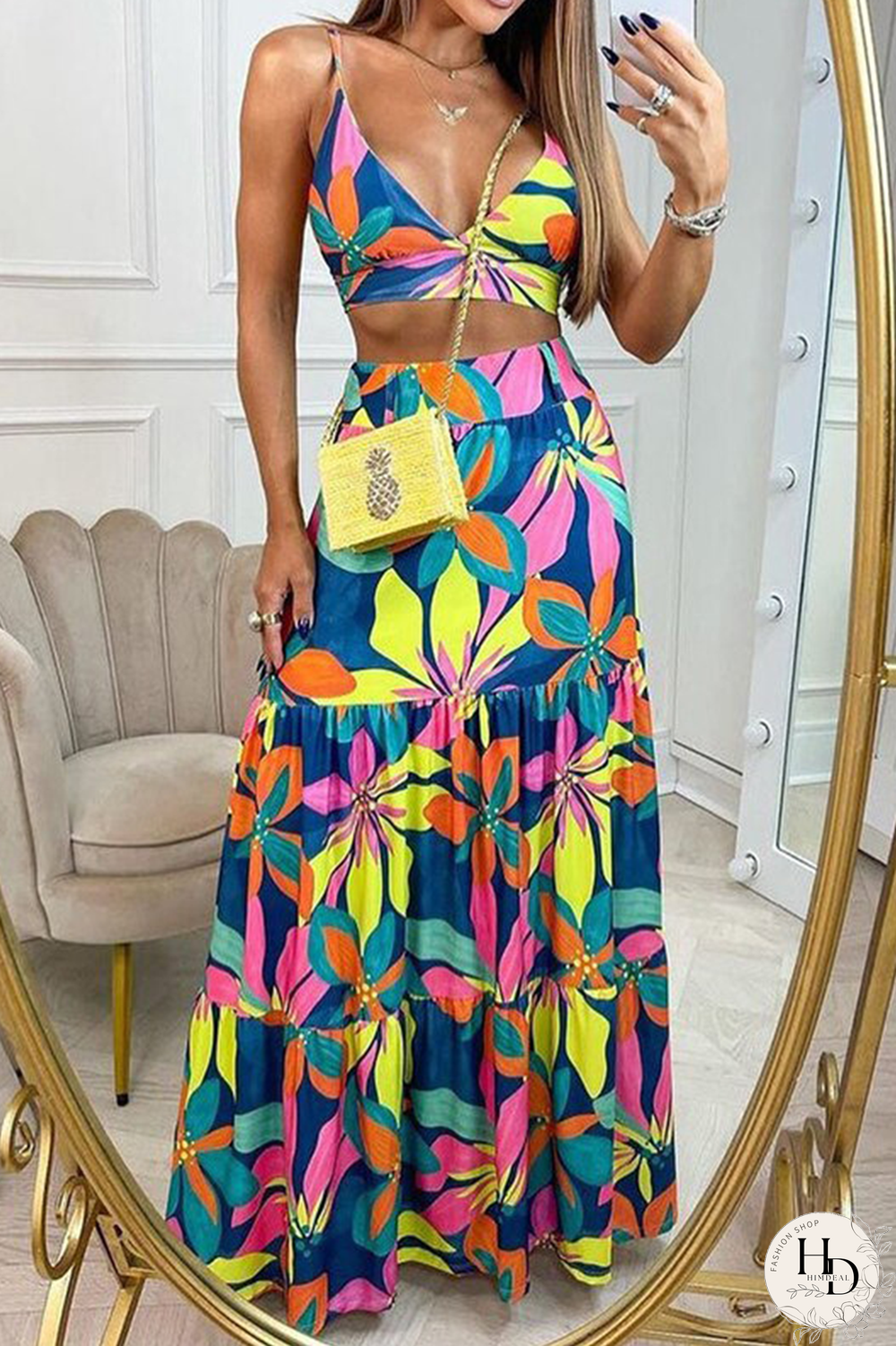 Fashion Print Patchwork Spaghetti Strap Sleeveless Two Pieces