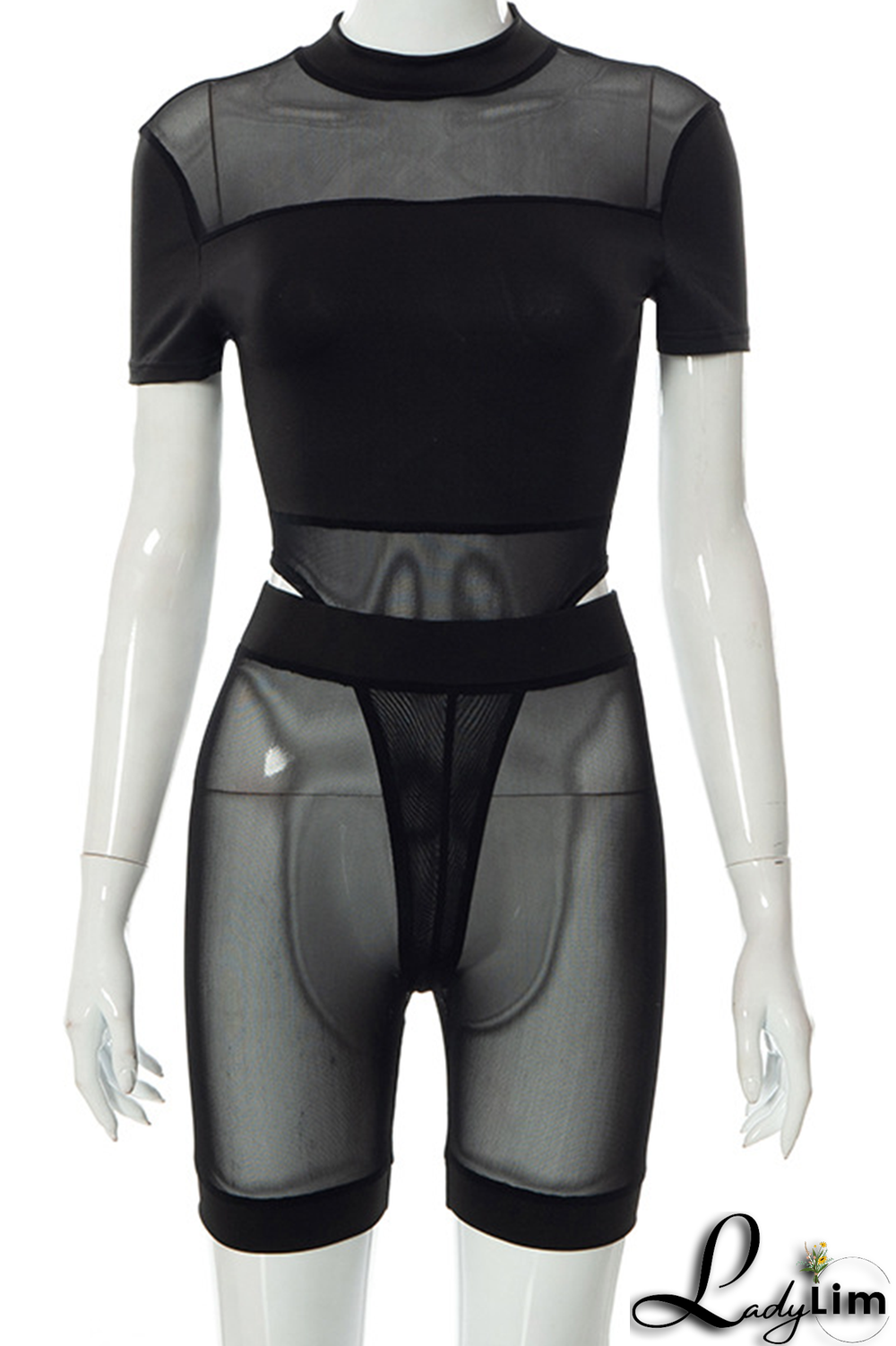 Black Sexy Solid Split Joint Mesh O Neck Short Sleeve Two Pieces