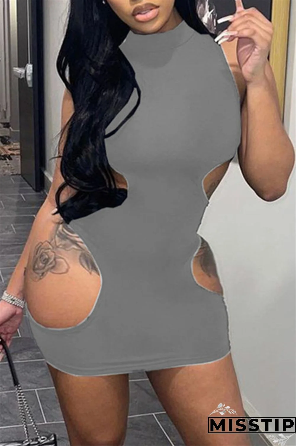 Grey Fashion Sexy Solid Hollowed Out O Neck Sleeveless Dress