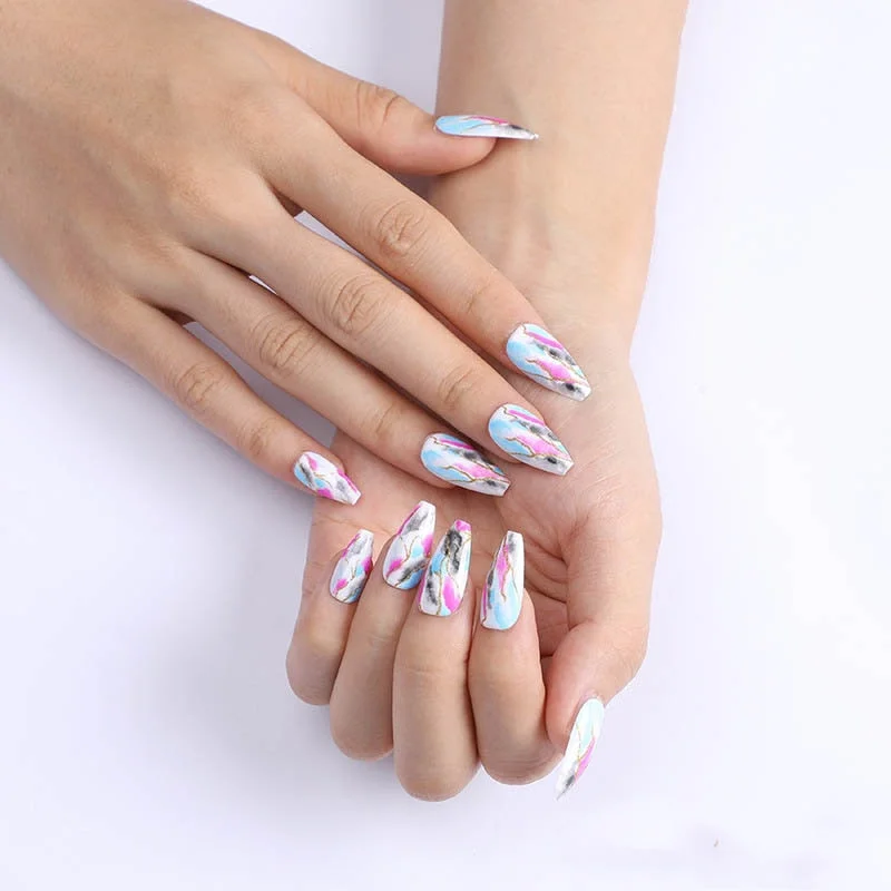 24pcs Khaki Dye Matte Frosted Fake Nails stiletto Dark Blue Color Pointed Head Long Style Wearable ABS Resin Finished Fingernail-Nail Inspo