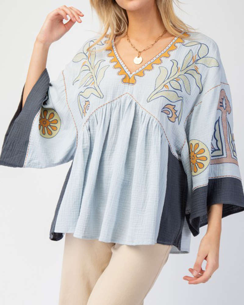 Intricate Print Three Quarter Sleeve V Neck Loose Blouses