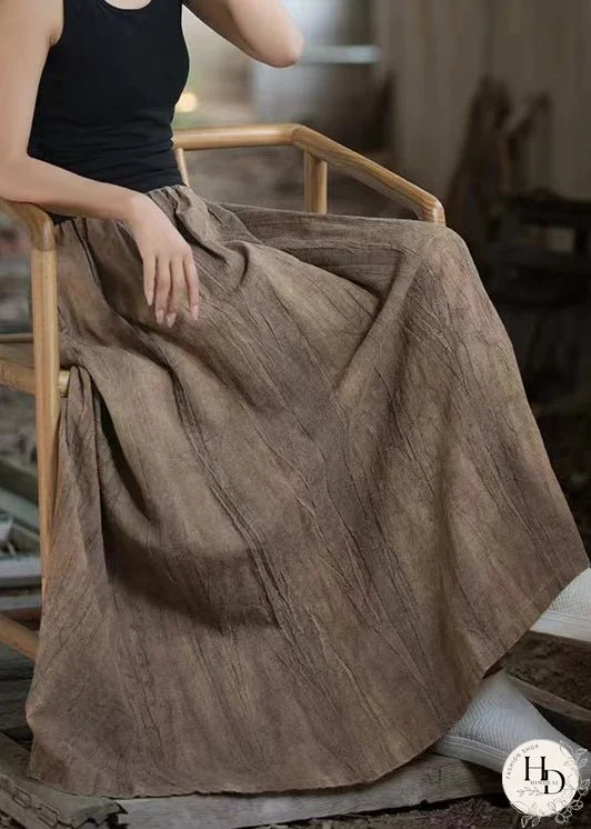 Vintage Tea Brown Tie Dye Elastic Waist Exra Large Hem Linen Skirts Summer