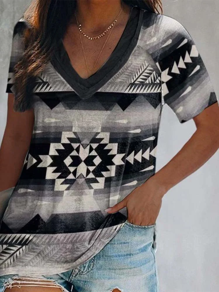 Vintage Geometric Print Short Sleeve T-Shirt