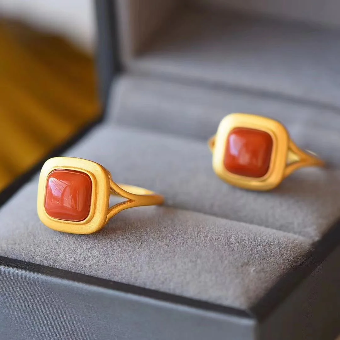 Red Agate Chinese Style Adjustable Retro Ring