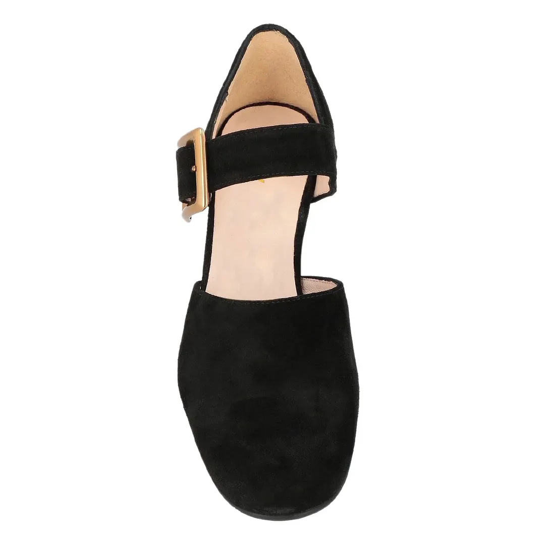Vegan Suede Round Toe Ankle Strap Buckled Black Pumps for Women