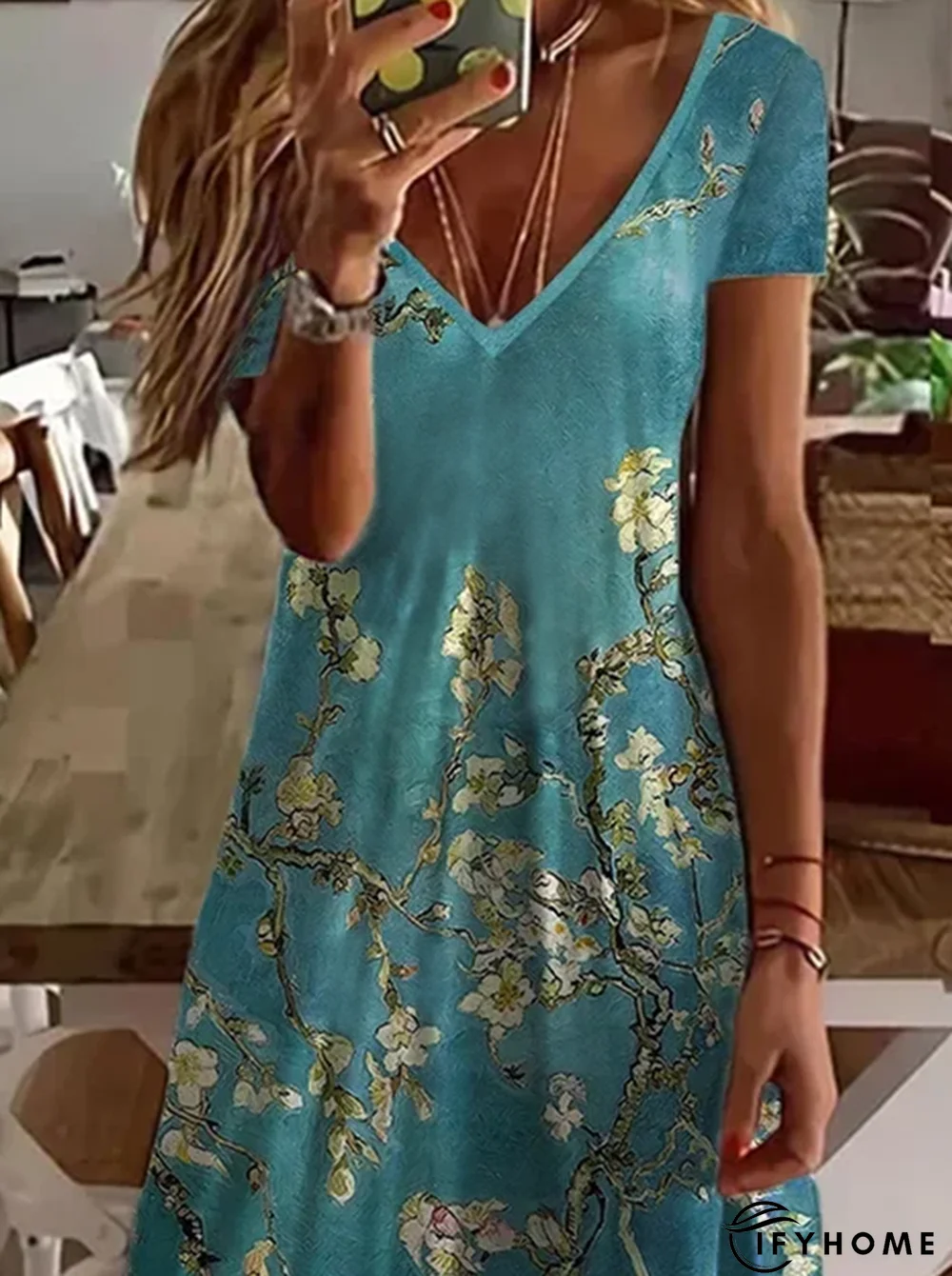 Casual Floral V Neck Short Sleeve Knit Dress | IFYHOME