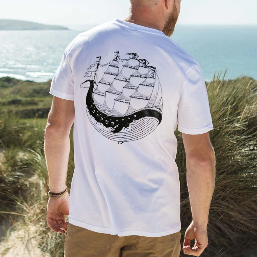 Whale Sailing Ship Printed Men's T-shirt