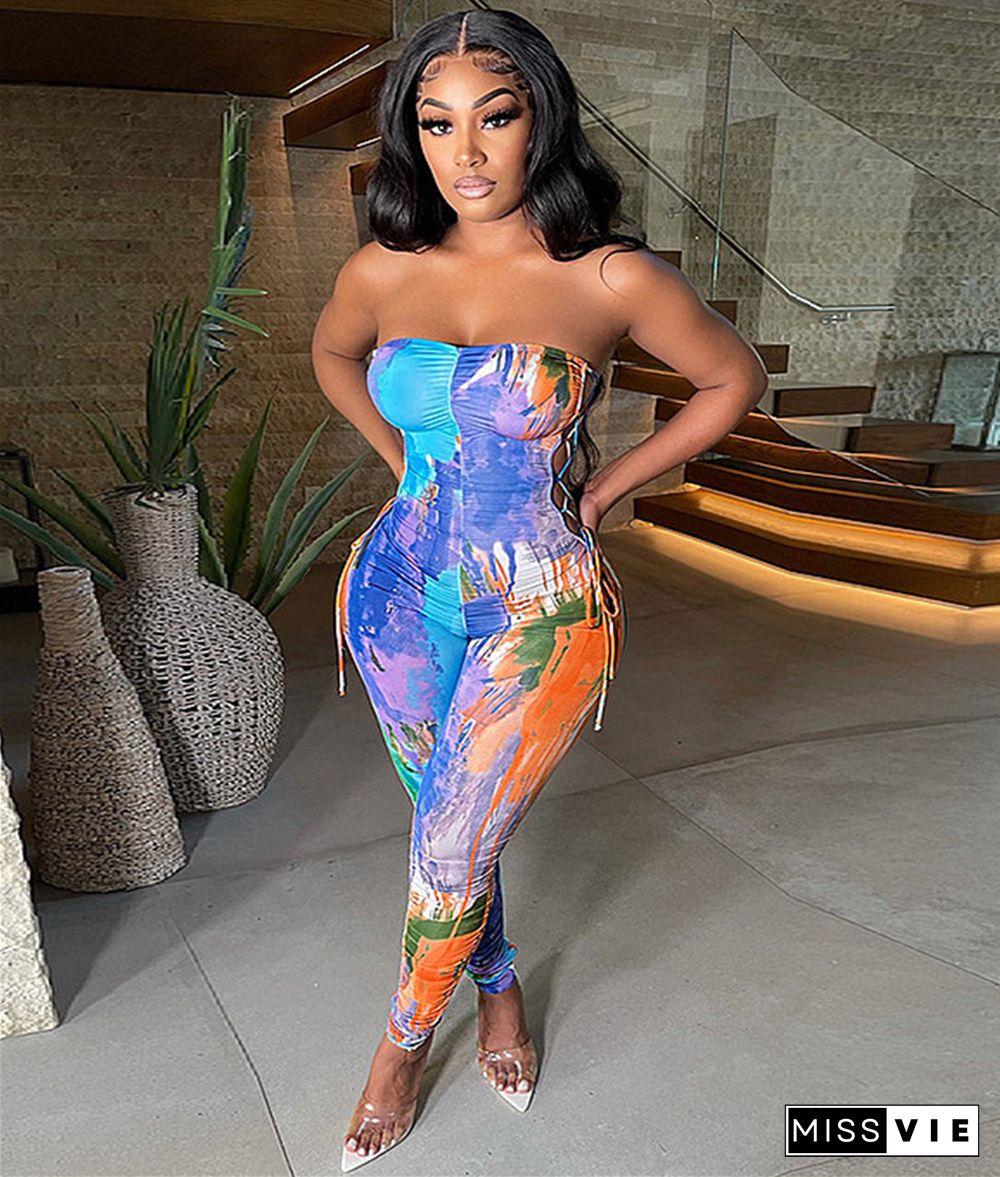 Sexy Strapless Print Lace-up Jumpsuit