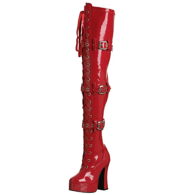 Red Patent Leather Lace-Up Buckle Thigh High Boots with Chunky Heels |FSJ Shoes