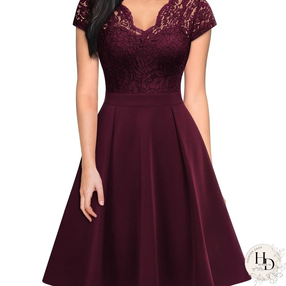 V-neck Contrast Lace A-Line Dress, Elegant Short Sleeve Dress For Party, Women's Clothing