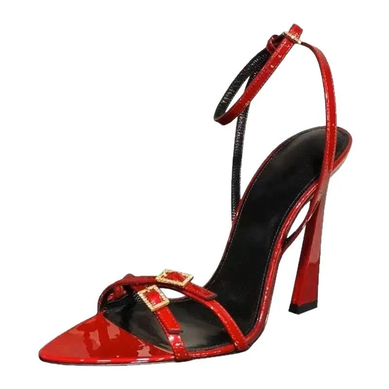 Breakj Breakj Sandals Women 2025 New Summer Toe Water Drill With Buckle High Heels Fine Heel Patent Leather Sexy Women's Shoes