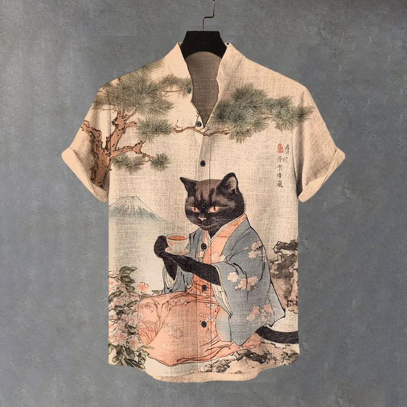 Men's Black Cat Drinking Tea Japanese Art Print Casual Shirt  artssus