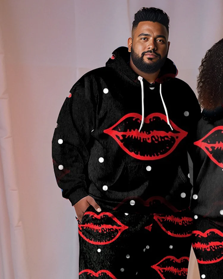Couple Plus Size Polka Dot Red Lips Print Hoodie Set