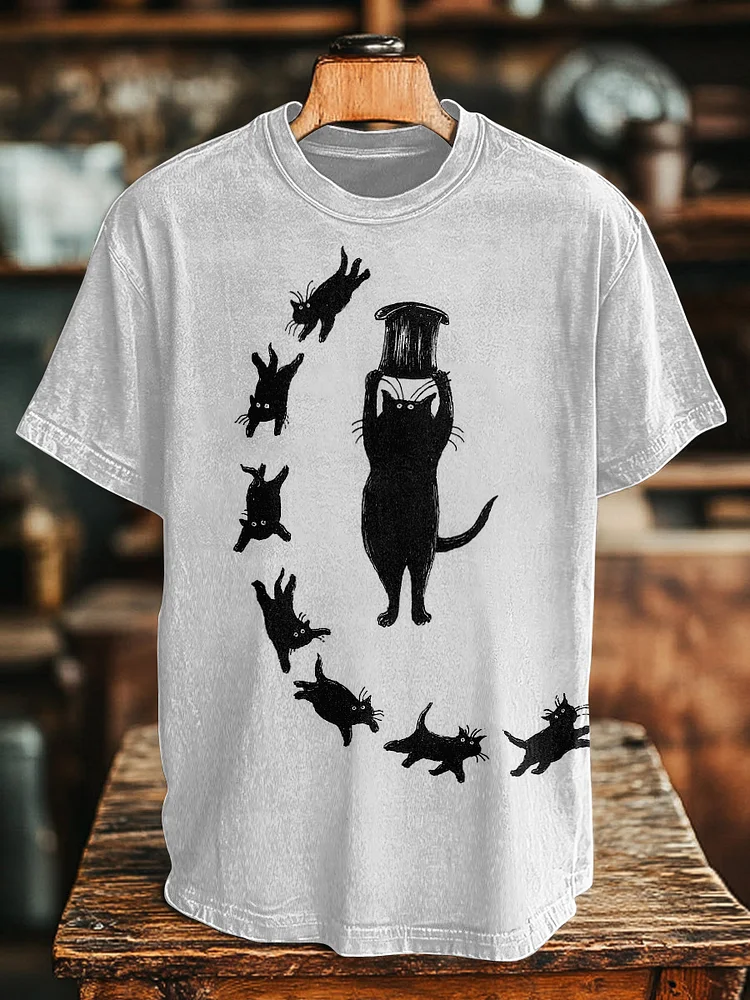 Men's Funny Magic Cat Print Casual T-Shirt