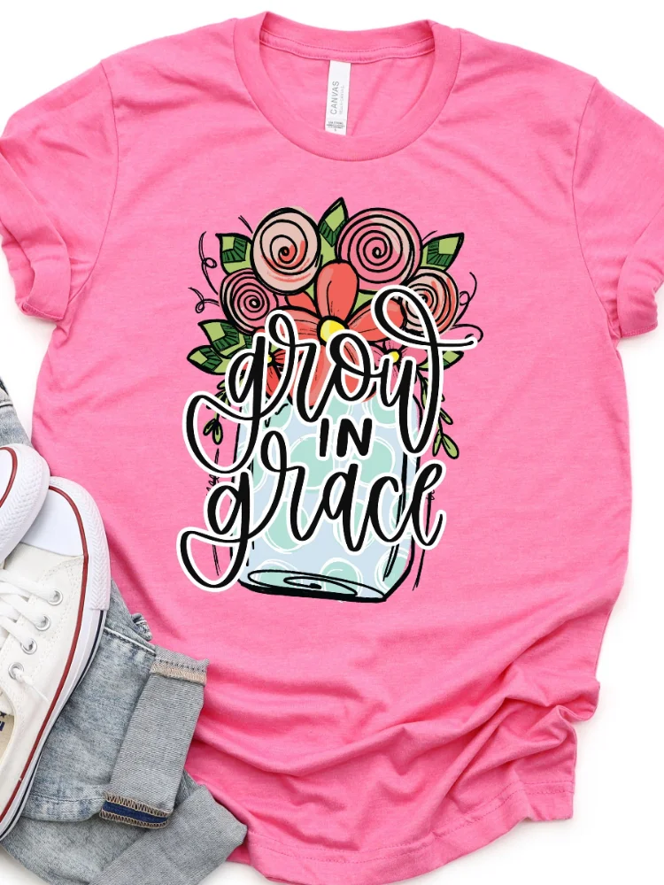 Grow In Grace Rose Print Casual Short Sleeve T Shirt