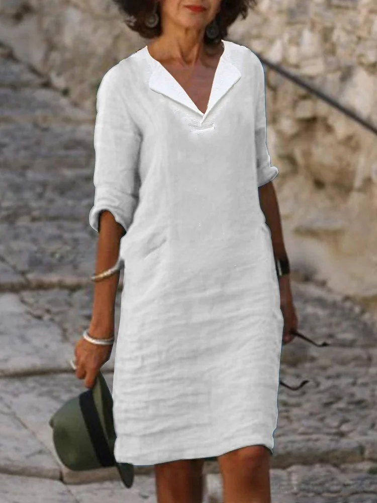 Women's Cotton Linen Solid Color Slim Fitting V-neck Dress