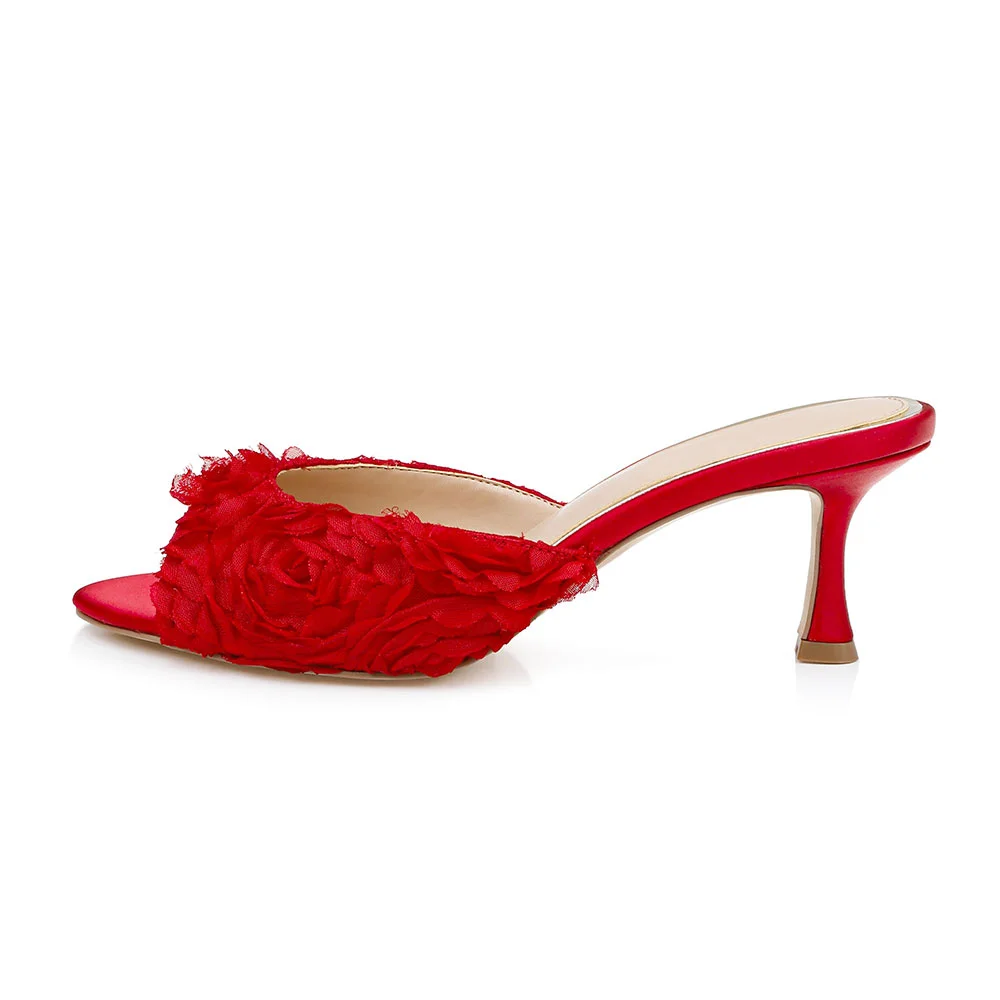 Elegant Red Peep Toe Stiletto Heel Ruffle Slip On Mules for Women