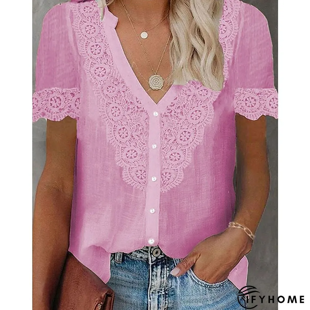Womens Shirt Blouse Black White Pink Plain Lace Patchwork Short Sleeve Daily Weekend | IFYHOME