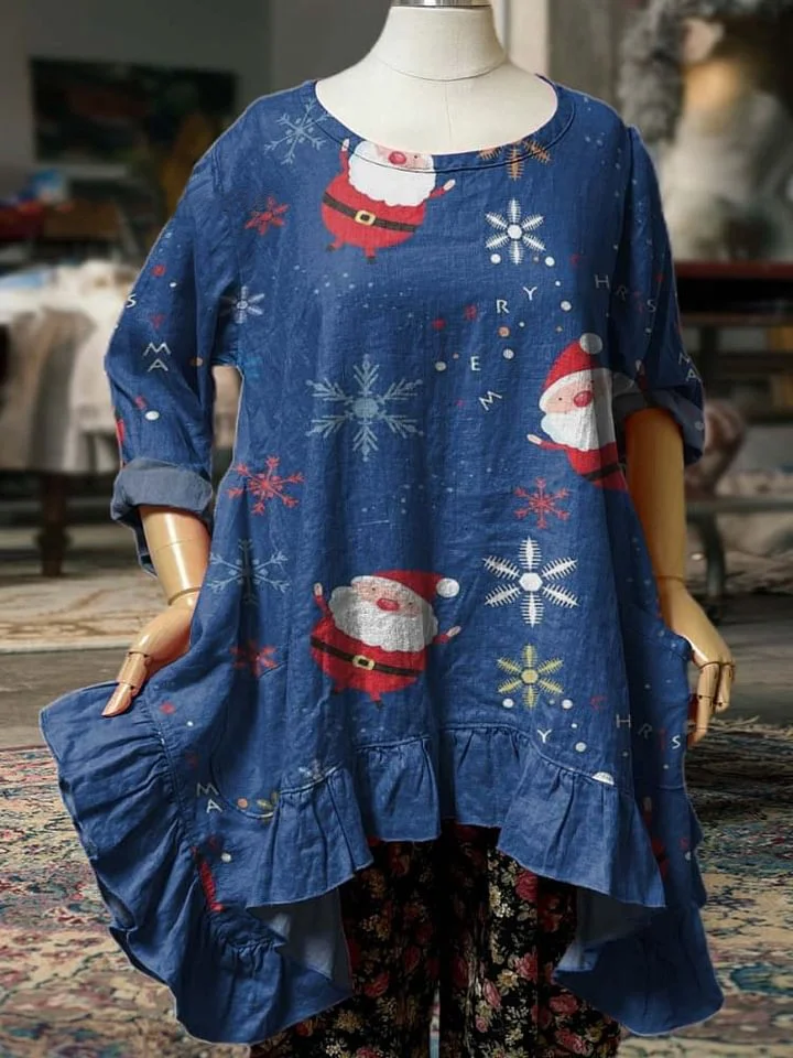 Santa Claus and Snowflakes Decorative Pattern Pocket Cotton Dress