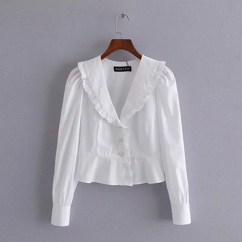 Za Women's Blouses Cropped Top Solid Shirts Jewelry Button Femme Long Sleeves White Cute Clothing Korean Ruffles V neck Chic trf
