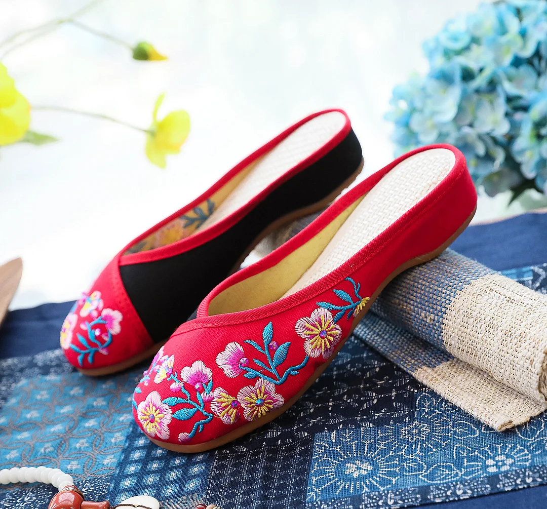 Colourp Colourp Summer National Wind Contrast Color Hot Diamond Embroidered Bag Toe Round Head Outside Wear Cool Slippers Women's Shoes