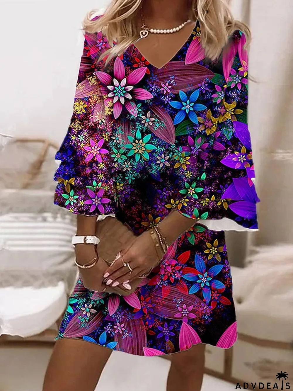 Women's Floral Dress Summer Dress Graphic Floral Print V Neck Flared Sleeve Mini Dress Fashion Classic Daily Holiday 3\/4 Length Sleeve Loose Fit Pink Purple Summer Spring S M L XL XXL