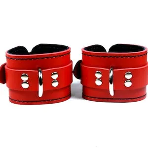 pornhint Pornhint Leather Locking Cuffs - Bright Red with Black Lining - Pair of Wrist Cuffs (or) Ankle Cuffs - Choice of Stitching Color