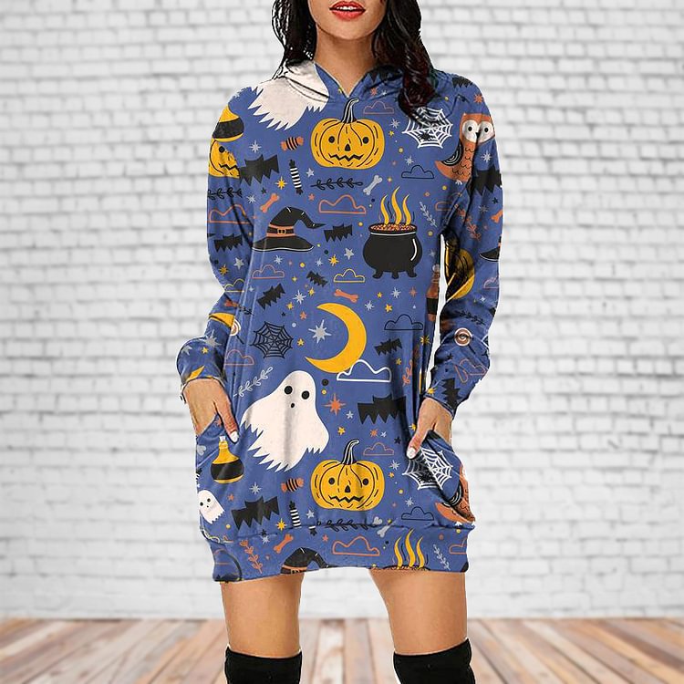 Halloween Ghost Moon Pumpkin Hooded Sweatshirt Dress With Pocket