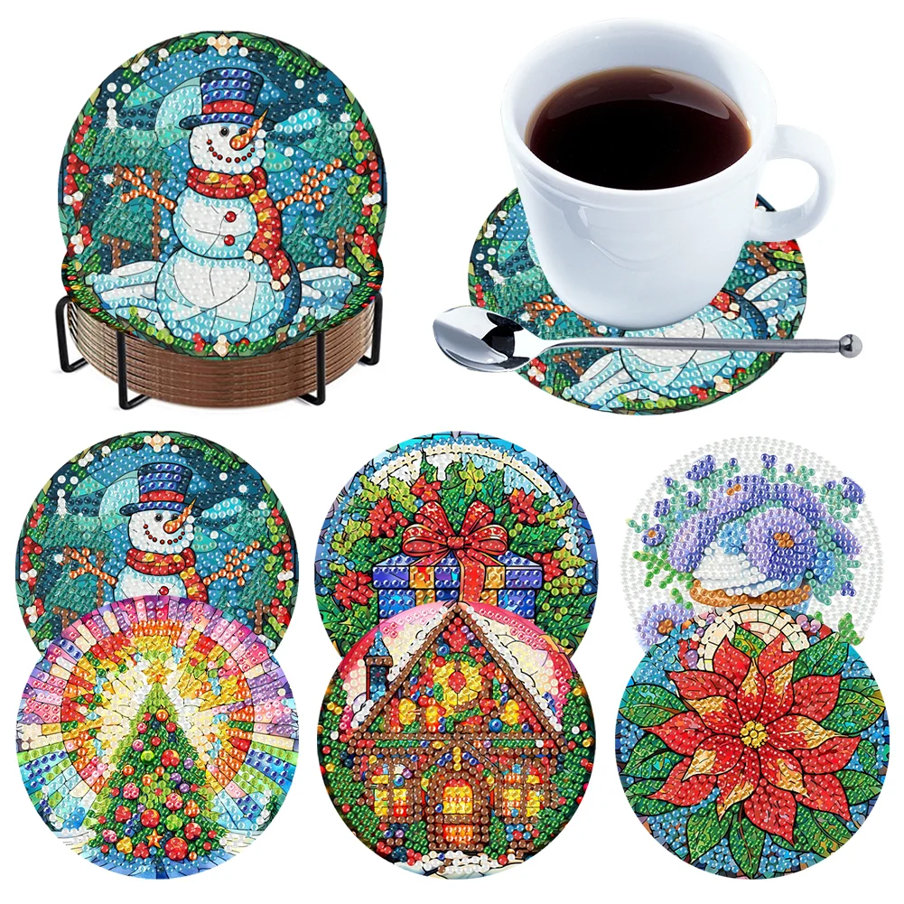 6Pcs Christmas Wooden Diamond Painting Coasters with Holder for Adults Beginners