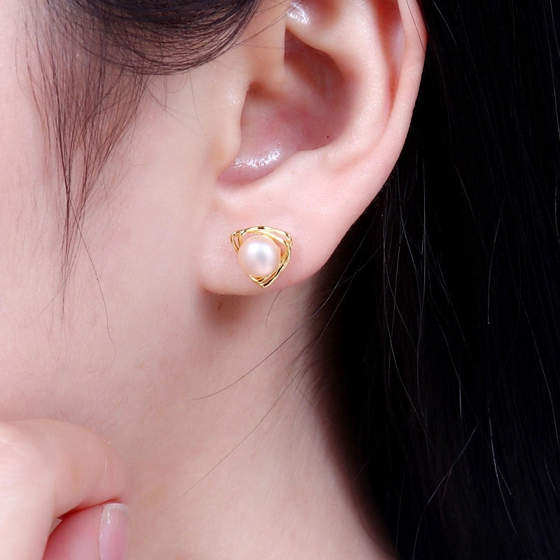 1 Pair 925 Sterling Silver Pearl Geometric Ear Studs