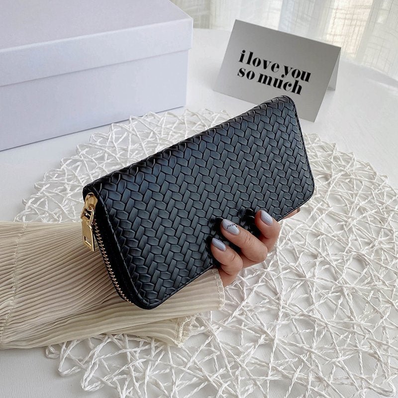 2022 Women Weave Wallet Leather Wrist Handle Phone Case Long Section Money Pocket Pouch Handbag Women Purse Card Holder Wallet