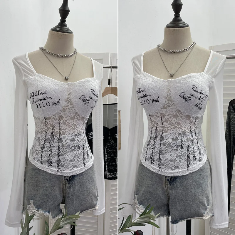 Nigikala Nigikala Shot With Chest Pad Hottie Letter-Print Lace Splicing Mesh T-Shirt T-Shirt 6231