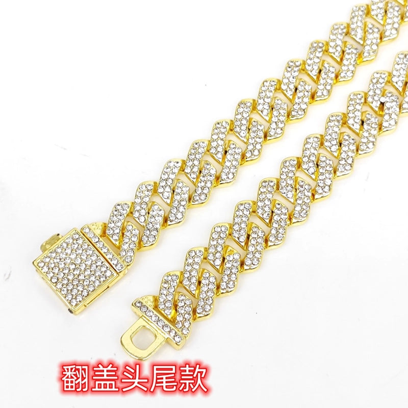 Hip-hop 14mm Full Diamond Men’s Encrypted Diamond Cuban Chain Necklace Hipster Exaggerated Domineering Clavicle Chain Accessories