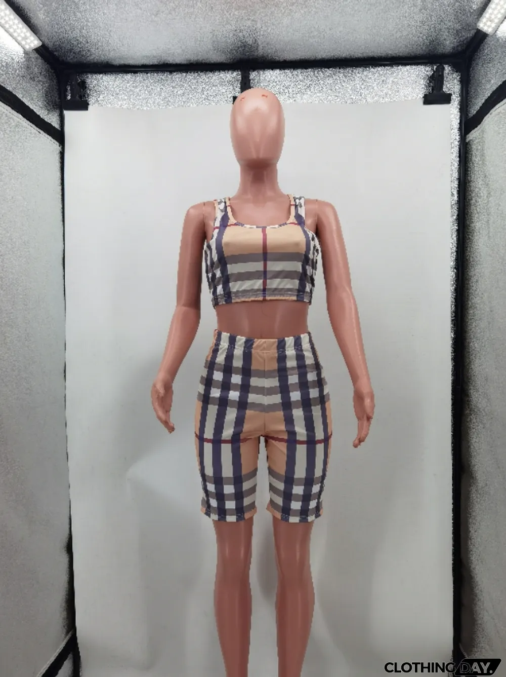 Plus Size Plaid Tank Top And Shorts 2 Piece Sets